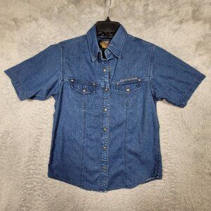 VTG Harley‎ Davidson Denim Shirt Womens Medium Blue Embroidered Short Sleeve*